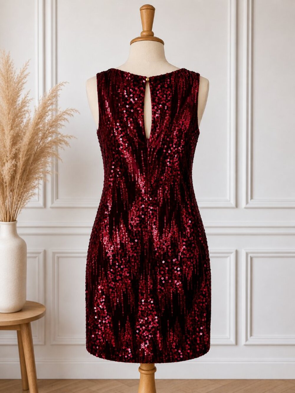 Emerald Sundae Burgundy Sequin Cocktail Mini Dress S Velvet Evening Glam NEW - Picture 7 of 10